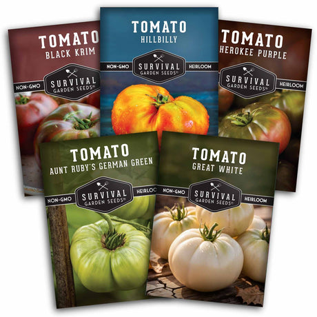 Five packages of Survival Garden Seeds tomato varieties on a white background