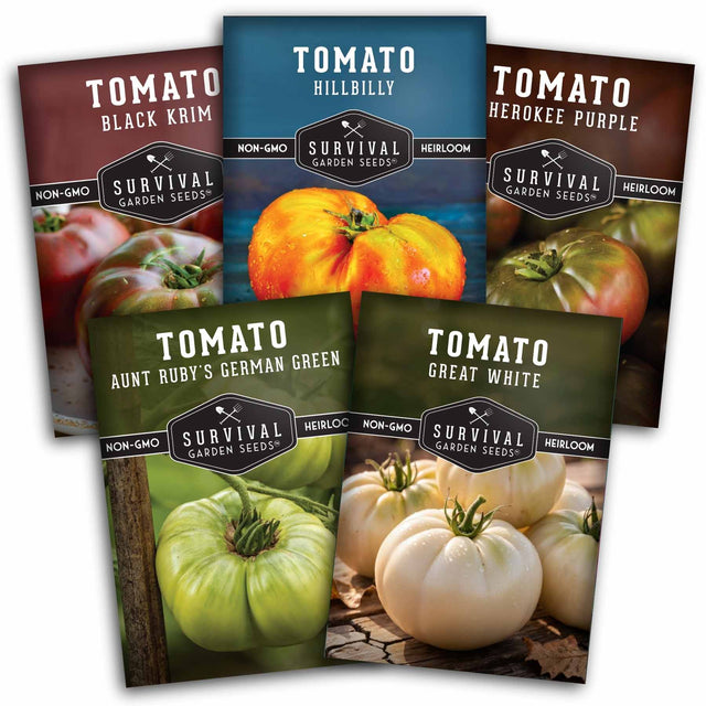 Five packages of Survival Garden Seeds tomato varieties on a white background