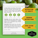 Survival Garden Seeds packaging with green tomatoes in the background