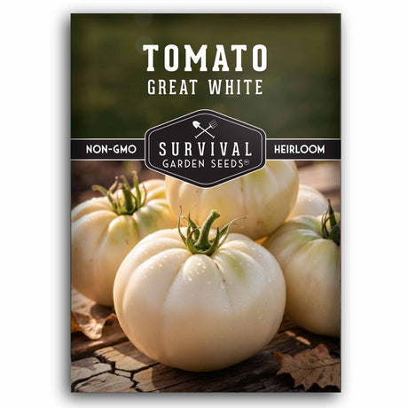 Survival Garden Seeds tomato seed packet with white tomatoes on a wooden surface