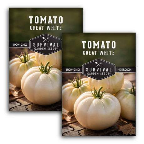 Two packages of Survival Garden Seeds Tomato Great White on a white background