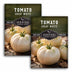 Two packages of Survival Garden Seeds Tomato Great White on a white background