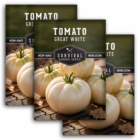 Three seed packets of 'Tomato Great White' with images of white tomatoes on a wooden surface.