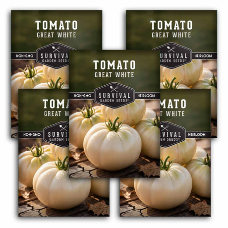 Survival Garden Seeds Tomato Great White packaging with multiple views.
