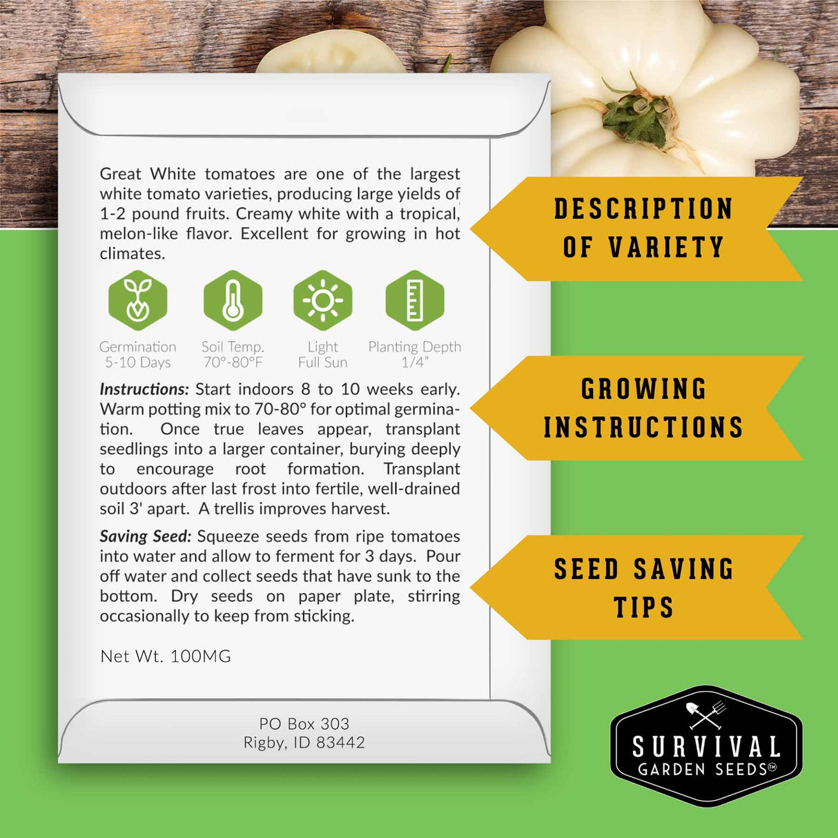 Survival Garden Seeds packaging for Great White tomatoes with text and branding.