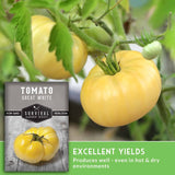 Yellow tomatoes on a vine with a seed packet labeled 'Great White' from Survival Garden Seeds.