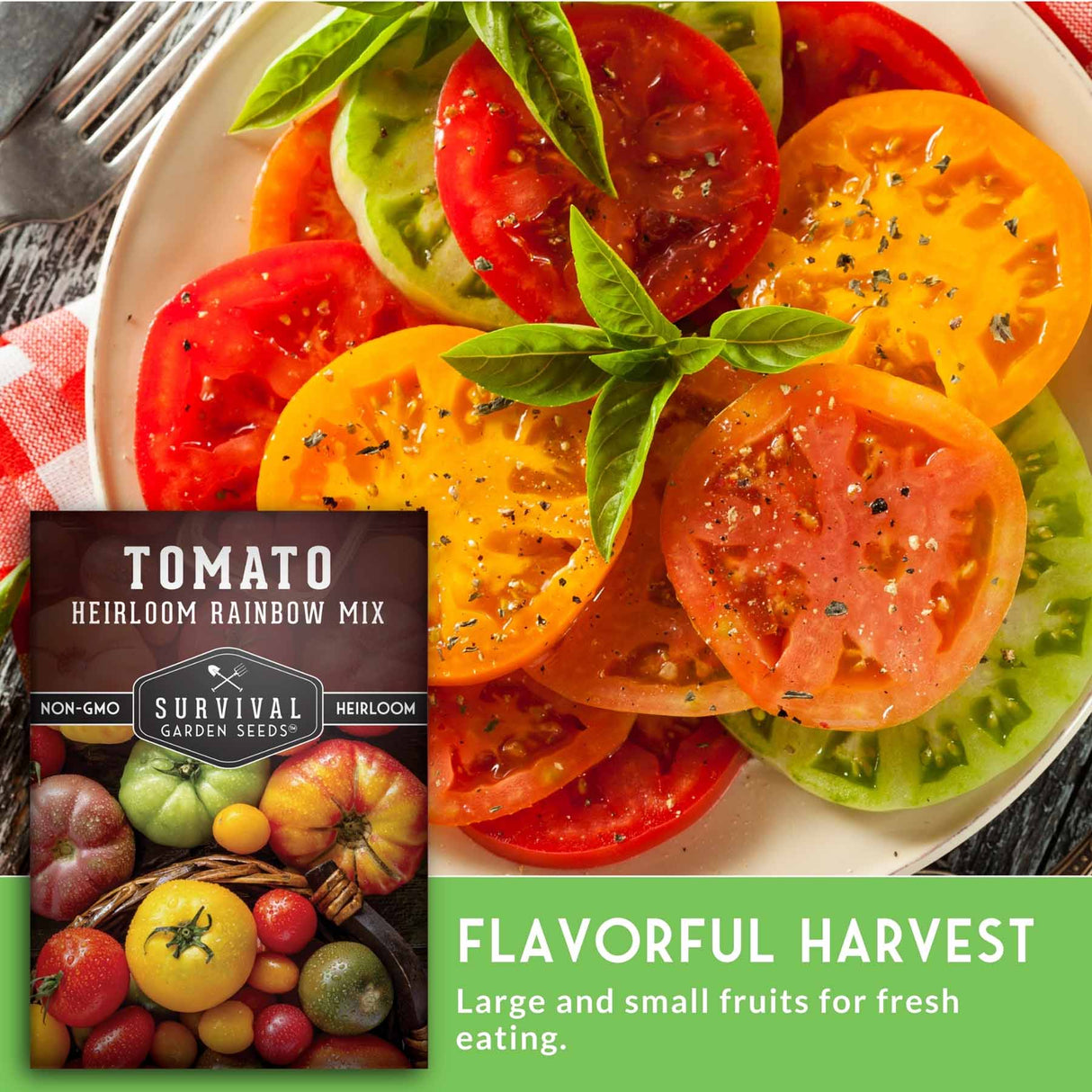 Sliced heirloom tomatoes on a plate with a package of Survival Garden Seeds Tomato Heirloom Rainbow Mix.
