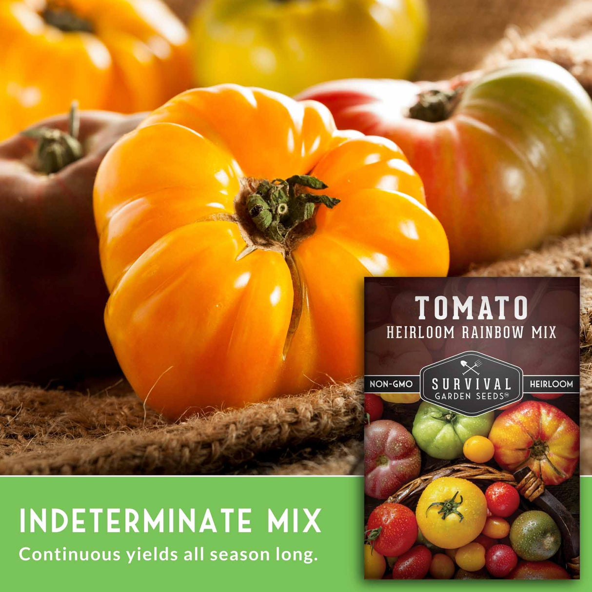 Heirloom tomato with a seed packet labeled 'Tomato Heirloom Rainbow Mix' on a rustic background.