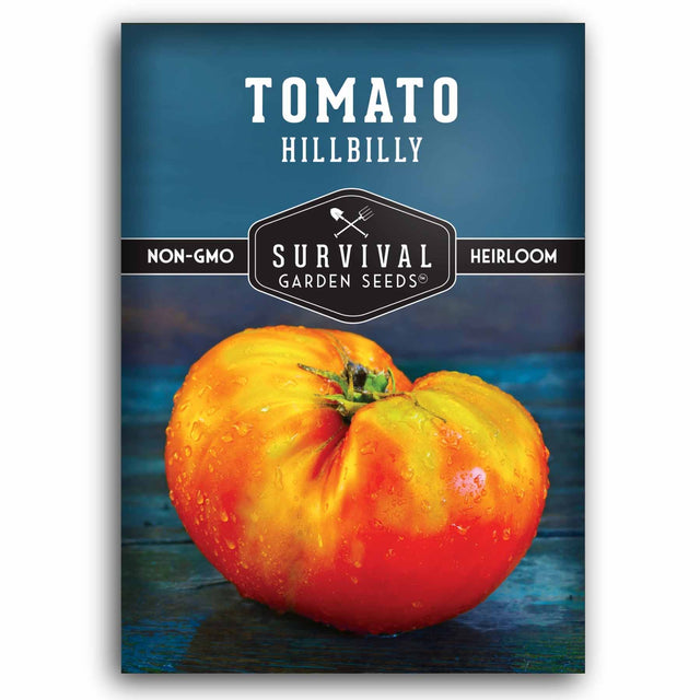 Orange hillbilly tomato on blue seed packet