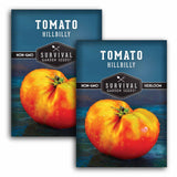 Two packages of Survival Garden Seeds Tomato Hillbilly on a white background