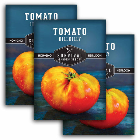 Three packages of Tomato Hillbilly Survival Garden Seeds on a blue background