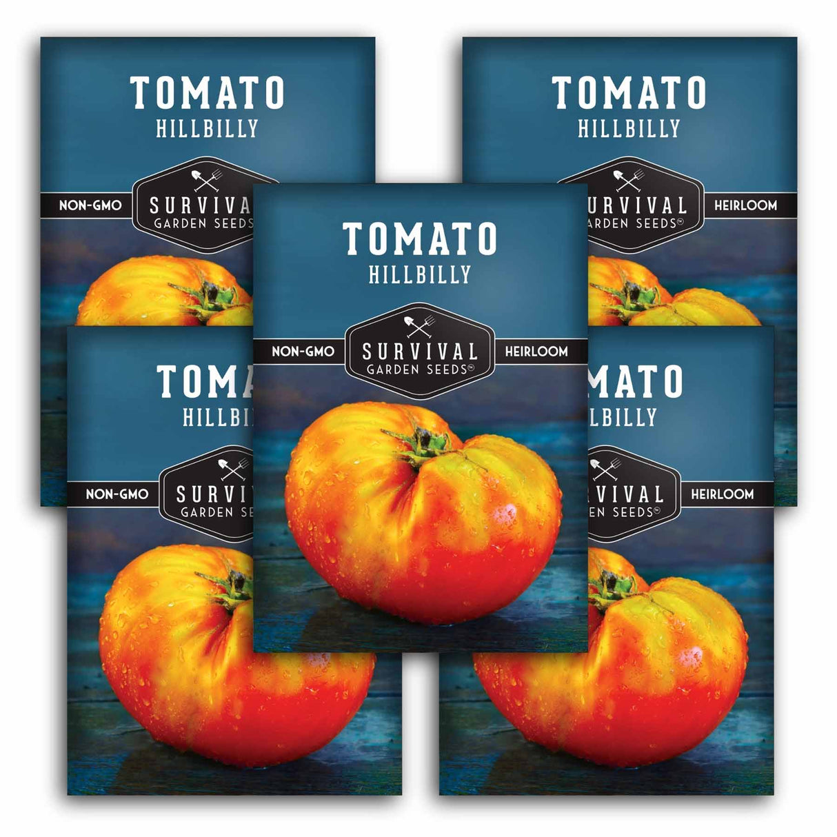 5 packages of Tomato Hillbilly seeds with vibrant orange tomatoes on a blue background.
