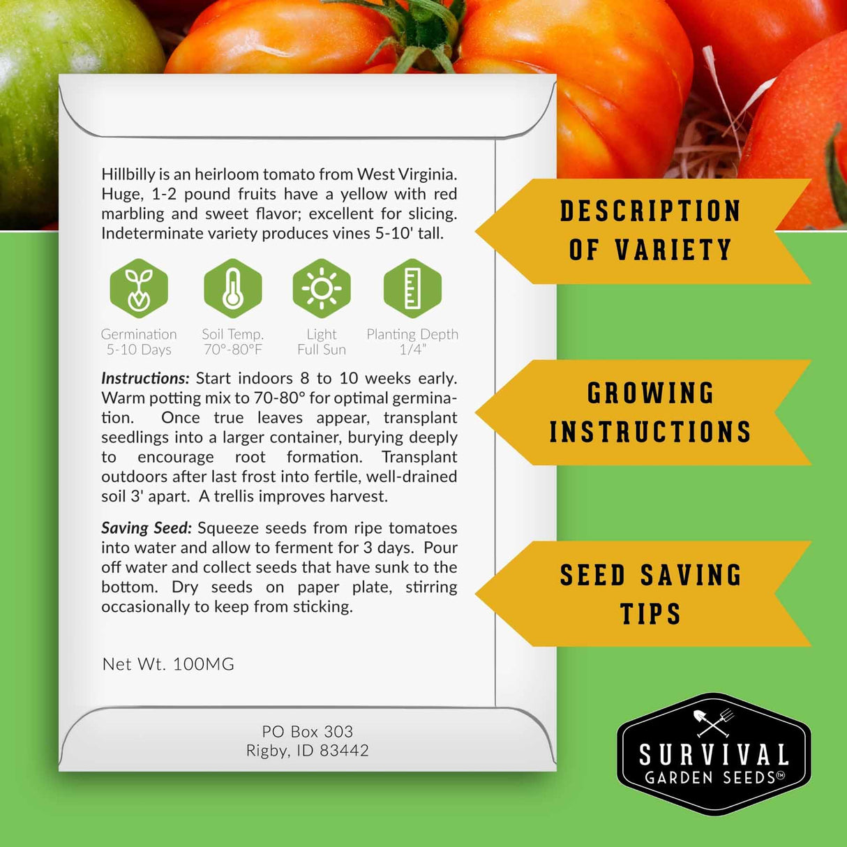 Informational packet back with growing instructions