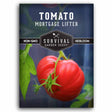 Survival Garden Seeds Tomato Mortgage Lifter package with a tomato and plant leaves on a dark background.