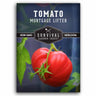 Survival Garden Seeds Tomato Mortgage Lifter package with a tomato and plant leaves on a dark background.