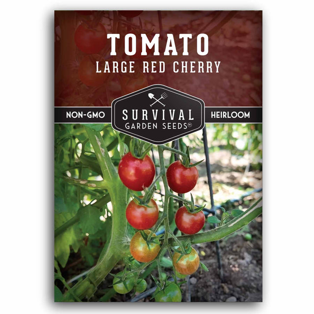 Survival Garden Seeds tomato seed packet with large red cherry tomatoes on a white background