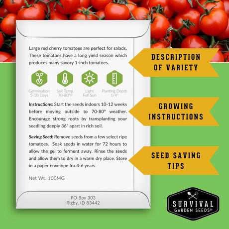 Seed packet for cherry tomatoes with growing instructions and seed saving tips on a green background with tomatoes.