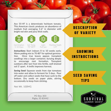 Survival Garden Seeds Ace 55-VF tomato seed packet with tomato images on a green background