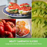 Collage of tomatoes and a sandwich with text about 'Meaty Sandwich Slicers'.