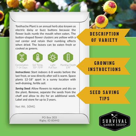 Survival Garden Seeds packaging with text on a green background