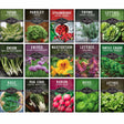 A grid of seed packet illustrations for Survival Seeds, featuring various herbs and vegetables including Tatsoi, Parsley, Strawberry, Thyme, Lettuce, Onion, Chives, Nasturtium, Kale, Pak Choi, Radish, Basil, and Swiss Chard.