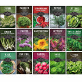 A grid of seed packet illustrations for Survival Seeds, featuring various herbs and vegetables including Tatsoi, Parsley, Strawberry, Thyme, Lettuce, Onion, Chives, Nasturtium, Kale, Pak Choi, Radish, Basil, and Swiss Chard.