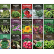 Grid of seed packets with various vegetables and herbs, each labeled with its name.
