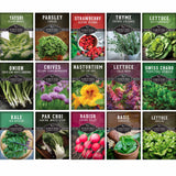 Grid of seed packets with various vegetables and herbs, each labeled with its name.