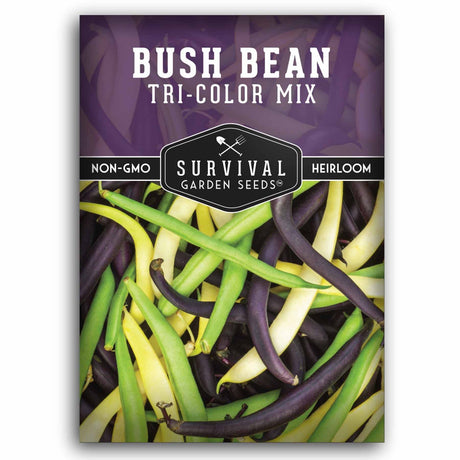 Survival Garden Seeds bush bean tri-color mix packaging with purple background