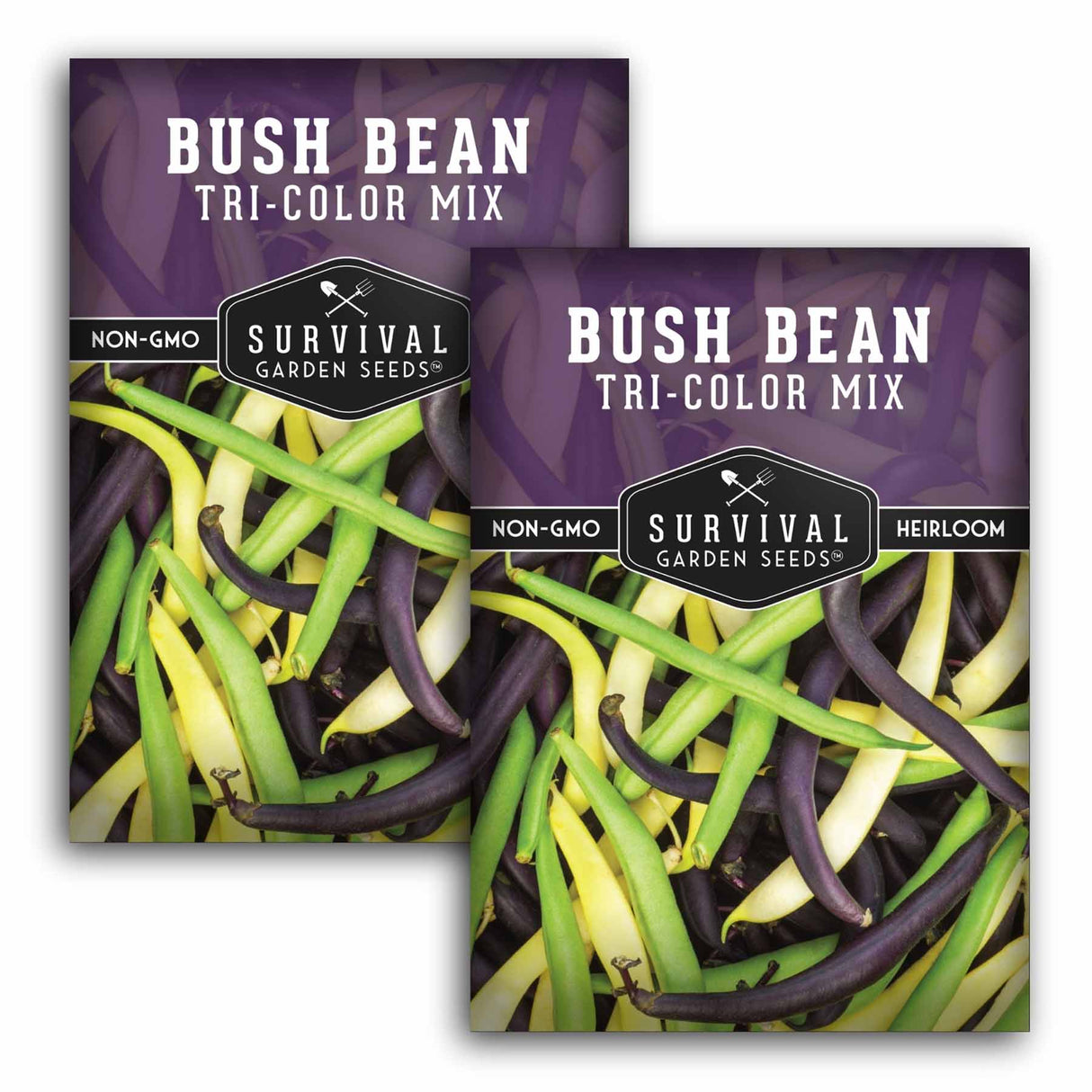 Two packages of Survival Garden Seeds Bush Bean Tri-Color Mix on a white background