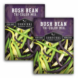 Two packages of Survival Garden Seeds Bush Bean Tri-Color Mix on a white background