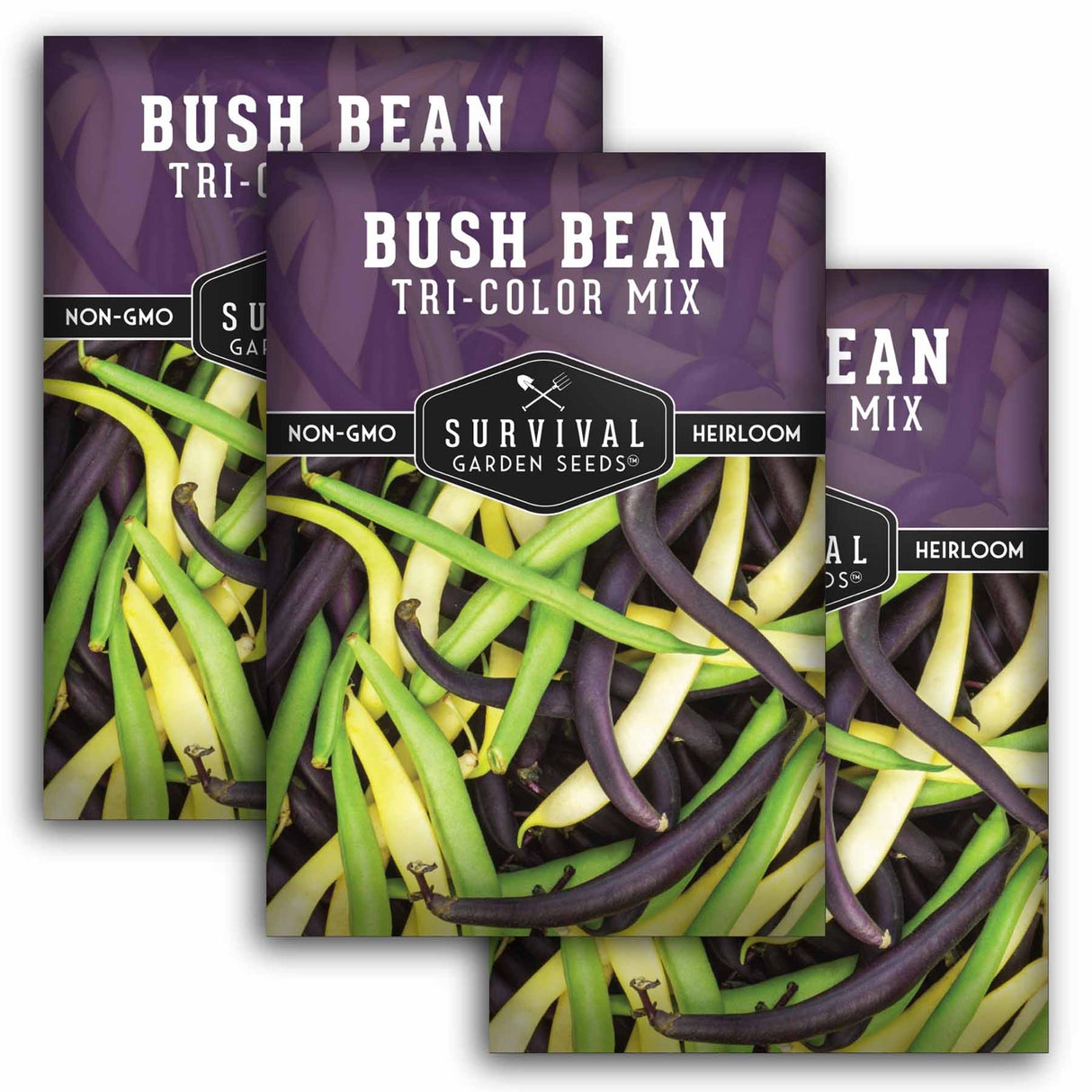 Three packages of Survival Garden Seeds Bush Bean Tri-Color Mix on a white background