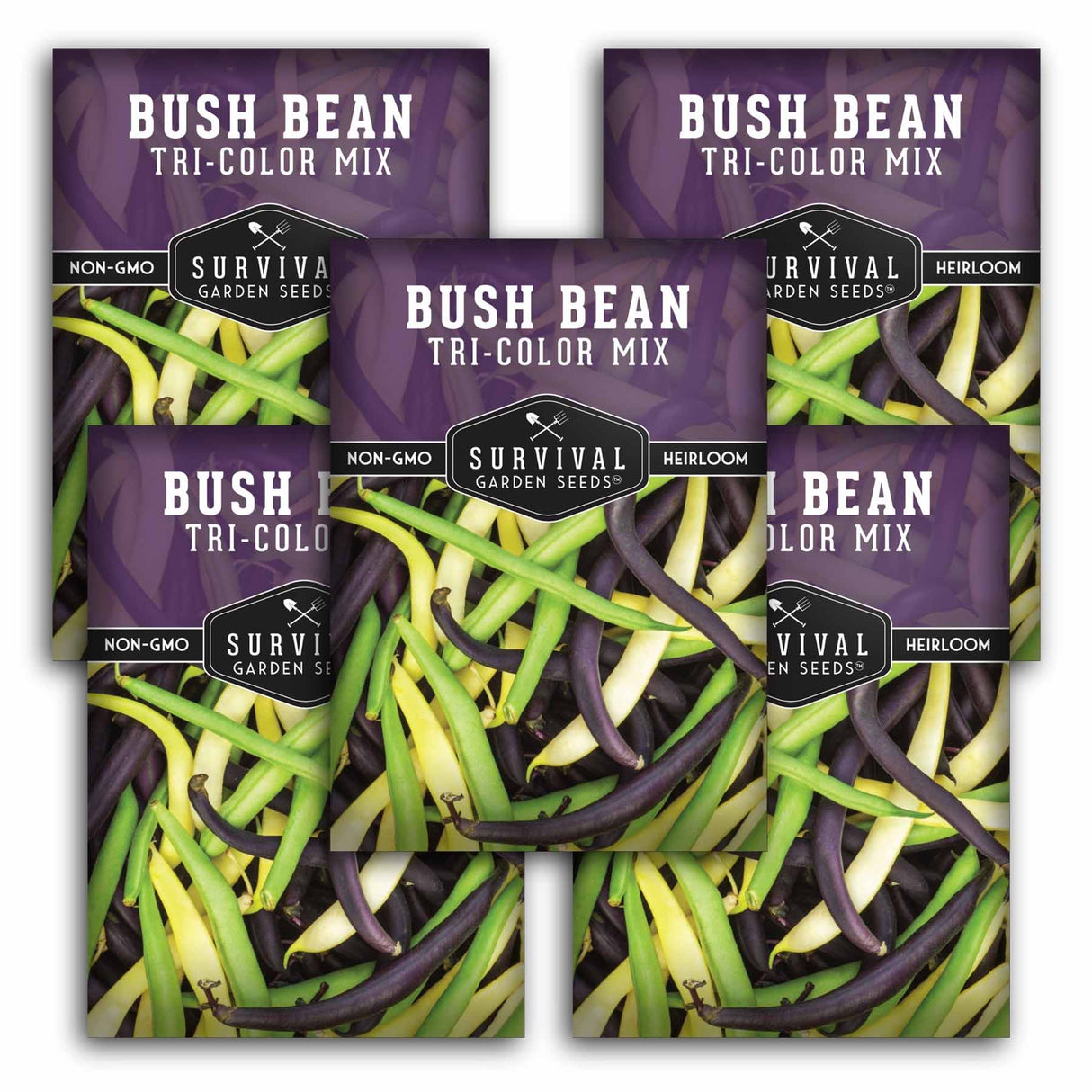 Three packages of Bush Bean Tri-Color Mix with green, purple, and white beans on a white background.