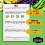 Survival Garden Seeds packaging with text on a green background