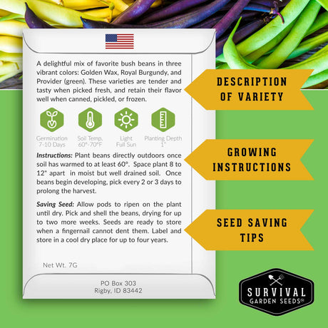Survival Garden Seeds packaging with text on a green background