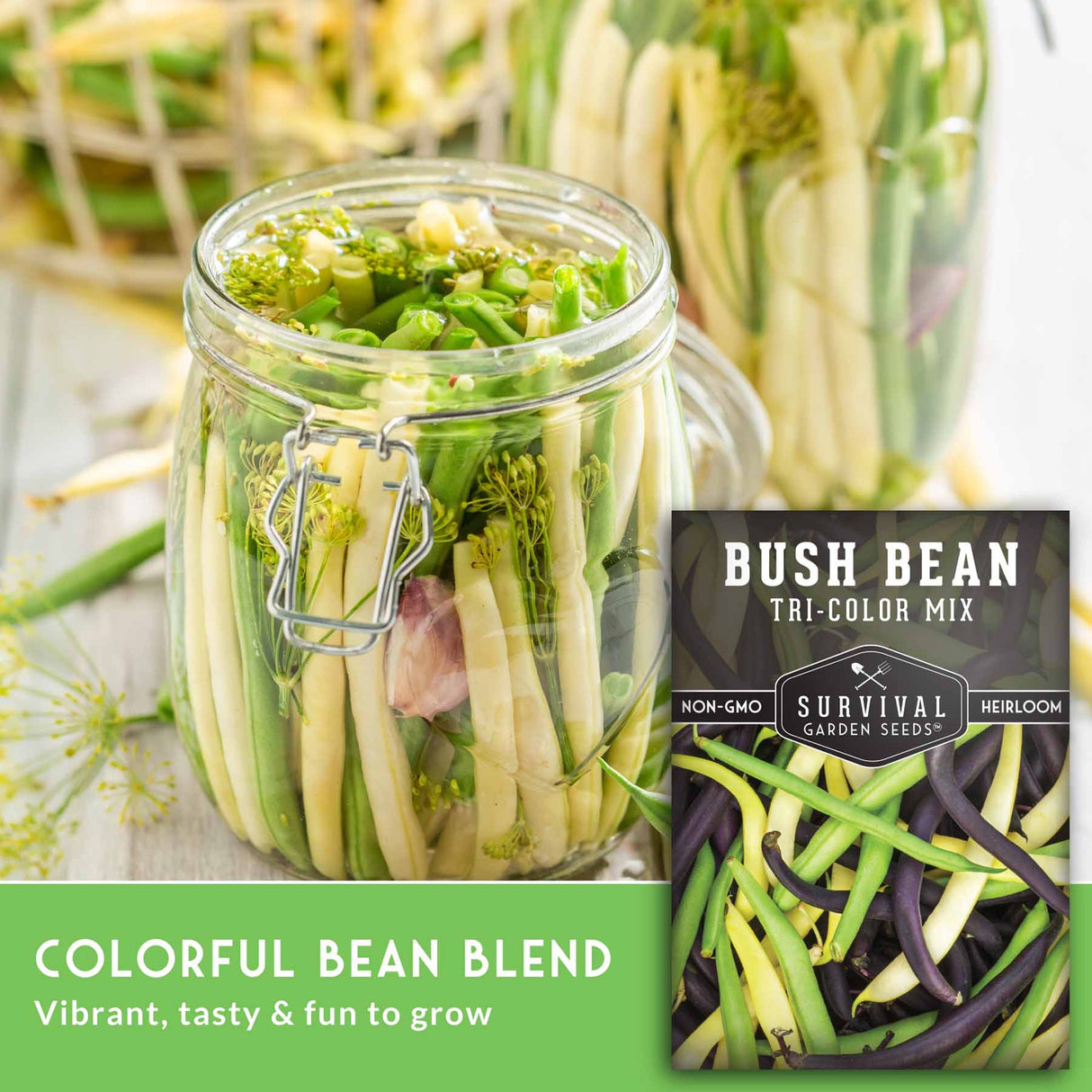 Jar of bush bean blend with a seed packet labeled 'Survival Garden Seeds' on a wooden surface.