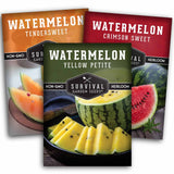 Three watermelon seed packet packages from Survival Garden Seeds are displayed in a fan-like arrangement. The packets are labeled Watermelon Tendersweet, Watermelon Crimson Sweet, and Watermelon Yellow Petite, with corresponding watermelon slice and whole watermelon imagery on the packaging.