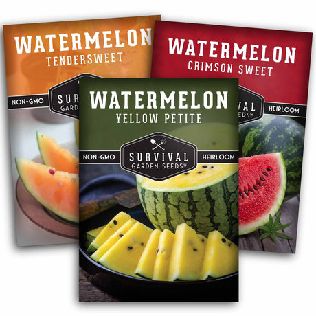 Three watermelon seed packet packages from Survival Garden Seeds are displayed in a fan-like arrangement. The packets are labeled Watermelon Tendersweet, Watermelon Crimson Sweet, and Watermelon Yellow Petite, with corresponding watermelon slice and whole watermelon imagery on the packaging.
