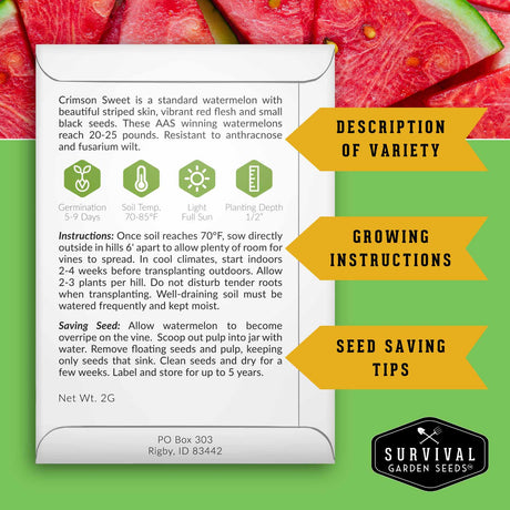 Survival Garden Seeds watermelon seed packet with text and graphics on a green background