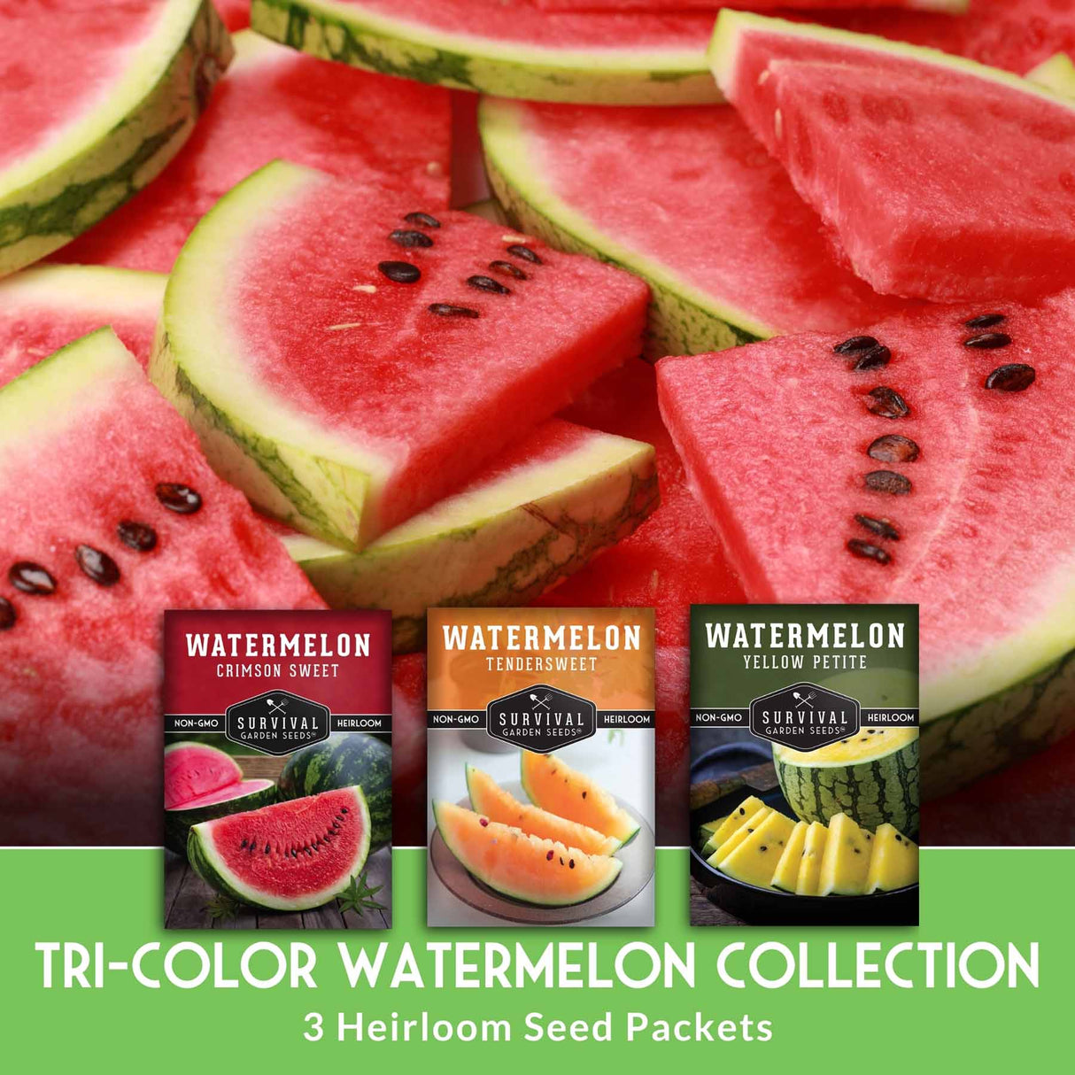 Three seed packet packs for watermelon plants are shown against a background of sliced red watermelons, with text reading 'TRI-COLOR WATERMELON COLLECTION' and '3 Heirloom Seed Packets.' The packets are labeled Watermelon Crimson Sweet, Watermelon Tendersweet, and Watermelon Yellow Petite.
