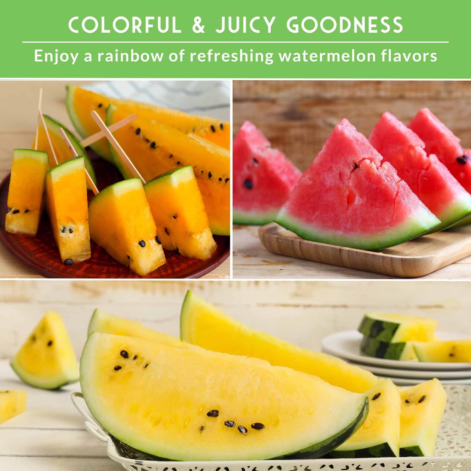 Collage of watermelon slices in various colors on a wooden surface with text about refreshing flavors.