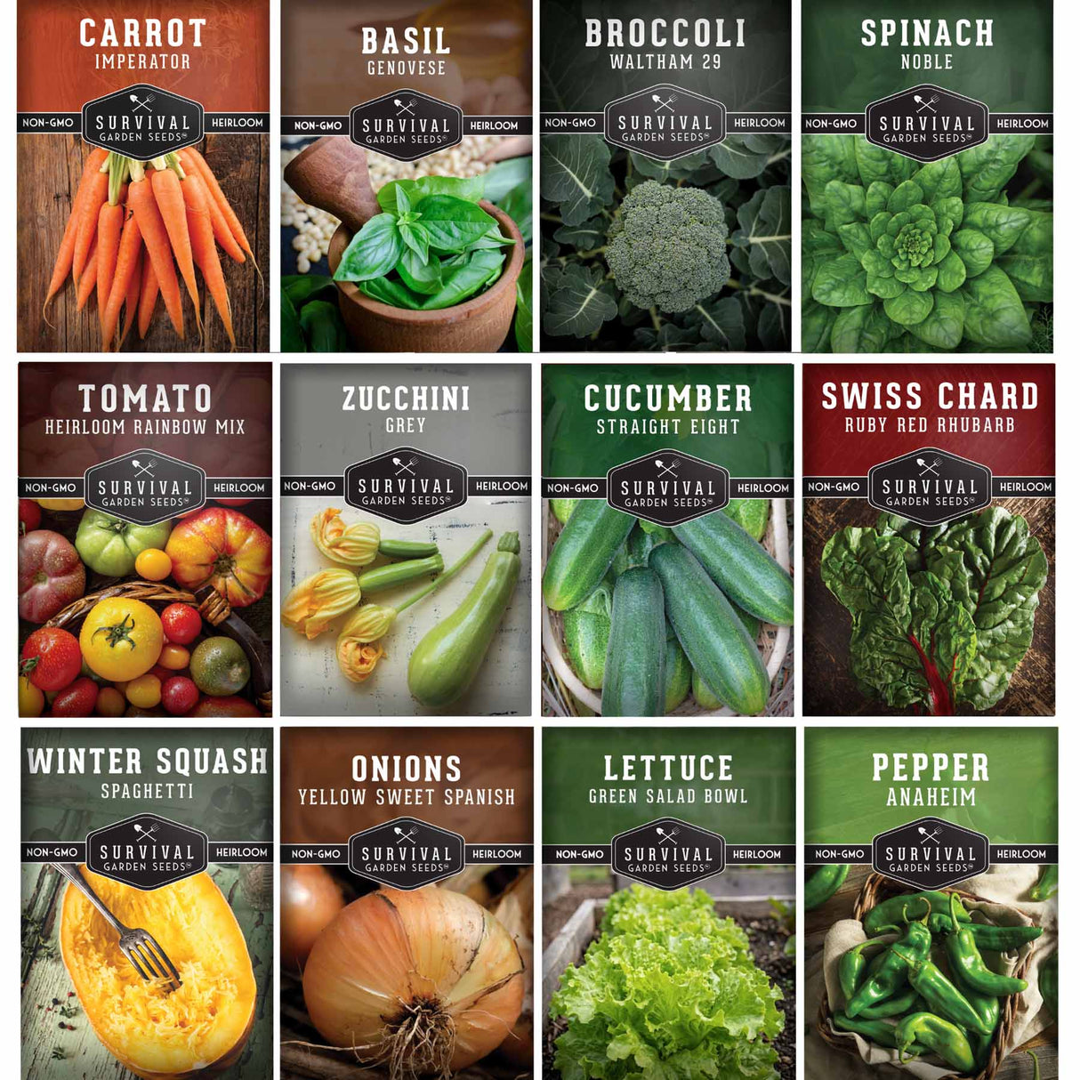 Grid of vegetable seed packets with images and names