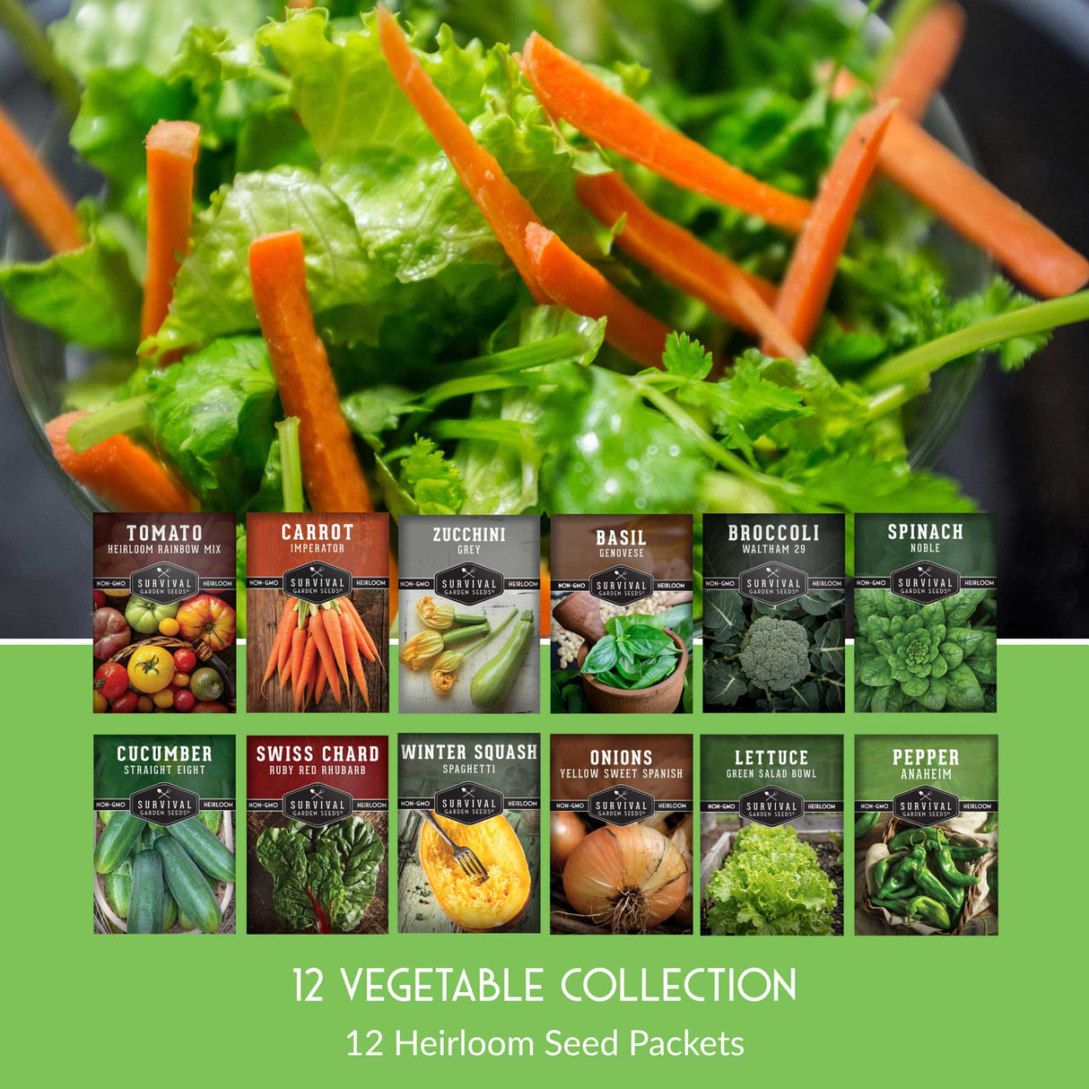 Collection of 12 vegetable seed packets with a salad background