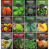 A 3x4 grid of 12 seed packet designs for Survival Garden Seeds, featuring different vegetables like carrot, basil, broccoli, pepper, tomato, lettuce, cucumber, winter squash, zucchini, spinach, Swiss chard, and onions.