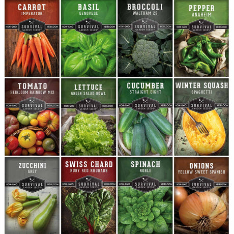 A 3x4 grid of 12 seed packet designs for Survival Garden Seeds, featuring different vegetables like carrot, basil, broccoli, pepper, tomato, lettuce, cucumber, winter squash, zucchini, spinach, Swiss chard, and onions.