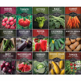 Grid of vegetable seed packets with images and names on a black background