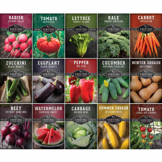 Grid of vegetable seed packets with images and names on a black background
