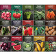 A grid of 15 seed packet covers for various vegetables, including radish, tomato, lettuce, kale, carrot, zucchini, eggplant, pepper, cucumber, winter squash, beet, watermelon, cabbage, summer squash, and tomato. Each packet features a colorful photograph of the raw vegetable, the variety name, and the 'SURVIVAL GARDEN SEEDS' brand logo.