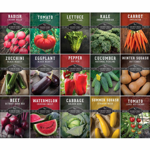A grid of 15 seed packet covers for various vegetables, including radish, tomato, lettuce, kale, carrot, zucchini, eggplant, pepper, cucumber, winter squash, beet, watermelon, cabbage, summer squash, and tomato. Each packet features a colorful photograph of the raw vegetable, the variety name, and the 'SURVIVAL GARDEN SEEDS' brand logo.