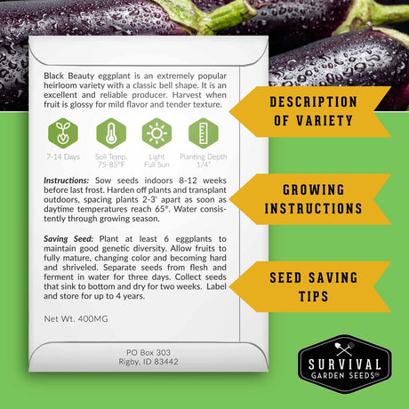 Survival Garden Seeds packaging for Black Beauty eggplant with text and branding.